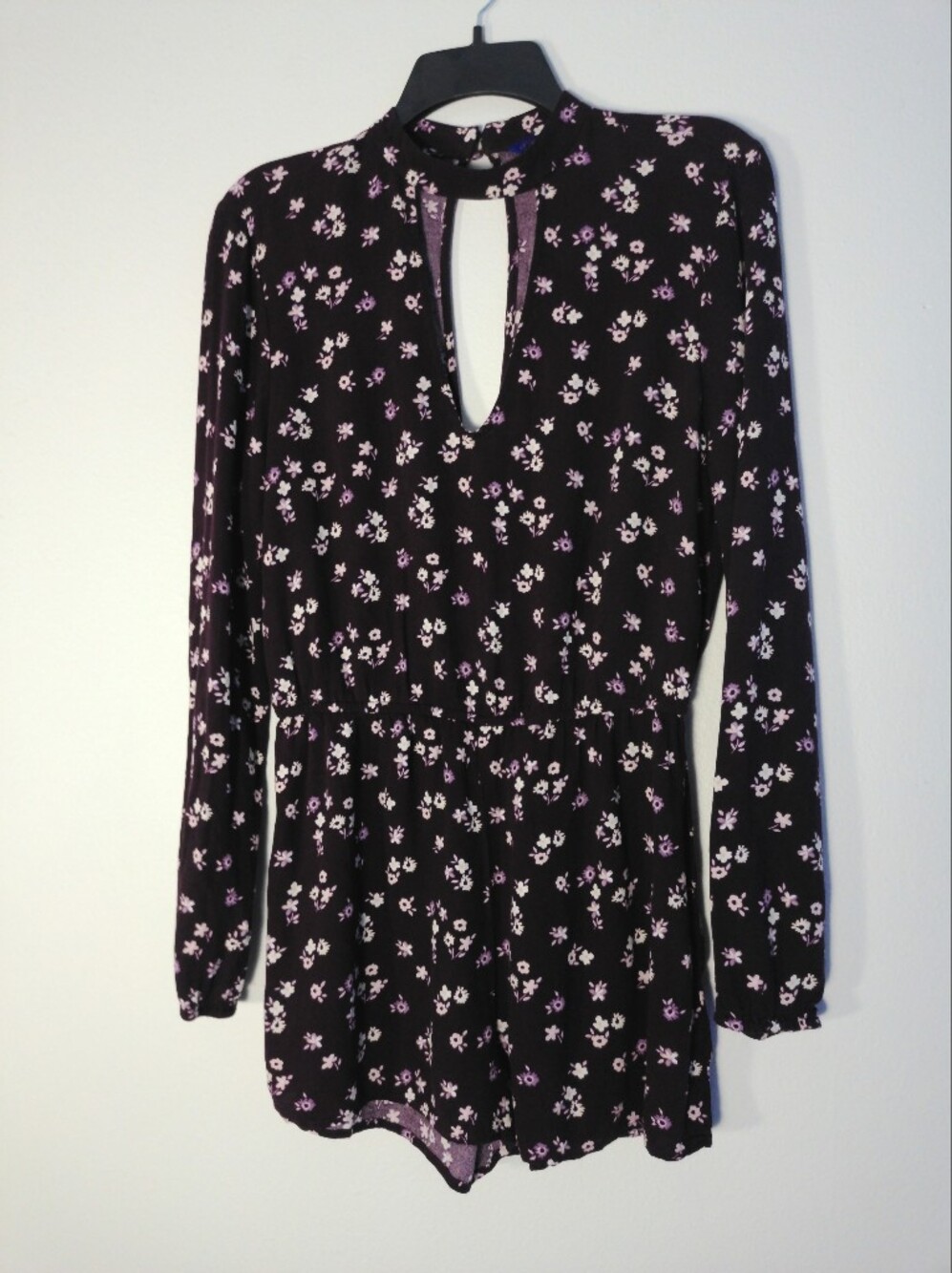 Burgandy Floral Keyhole Long Sleeve Romper with Light Purple Blossoms